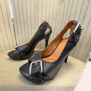 Michael Kors Black Leather Cut Out Heel Peep Toe Stiletto Heels w/Buckles 9
